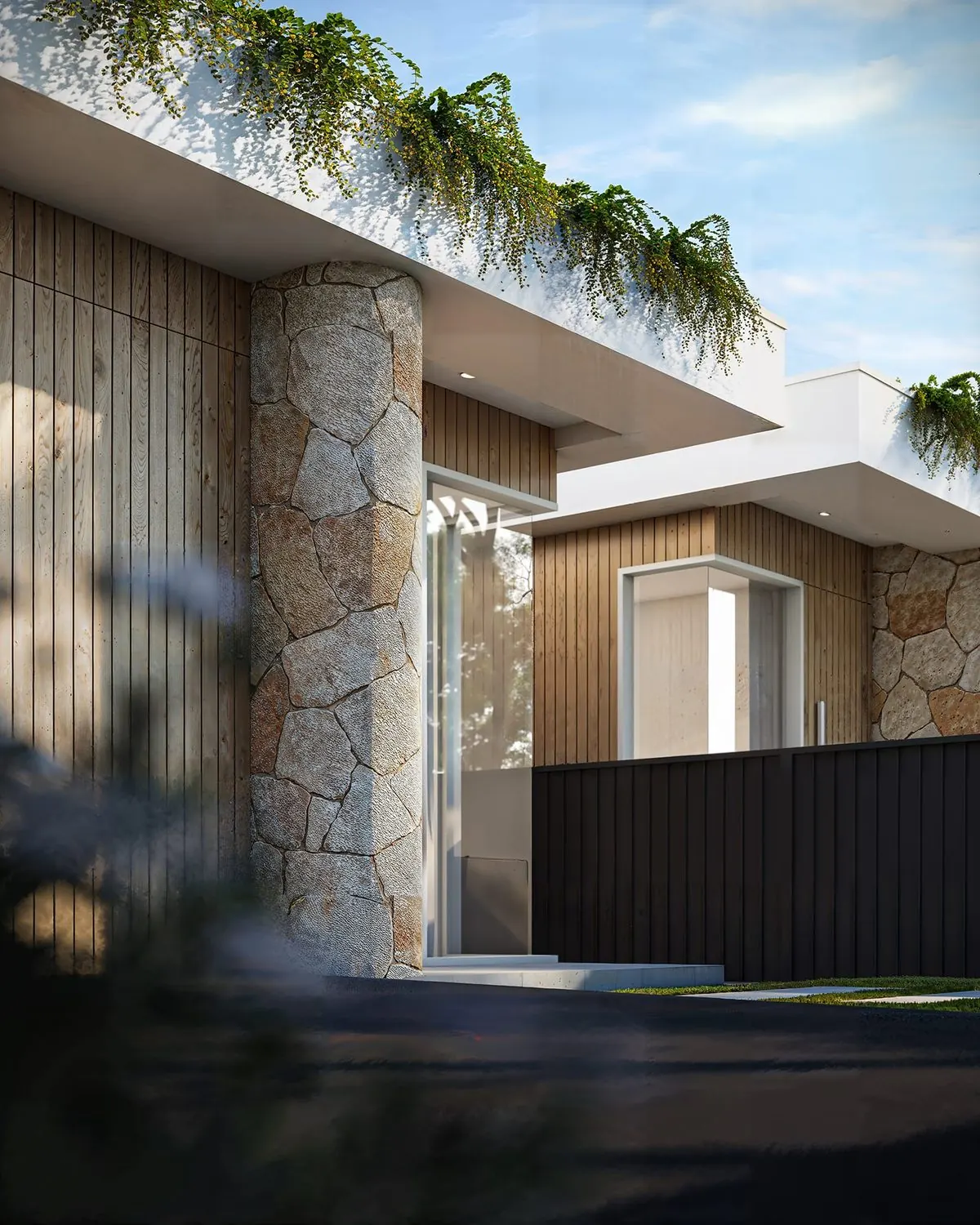 Render of a stone and timber entry